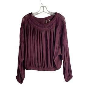 Free People plum colored size S oversized floral embroidered and mesh blouse